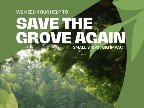 Trees viewed through leafy border, with text: We need your help to save the grove again, plus Event as blog post category